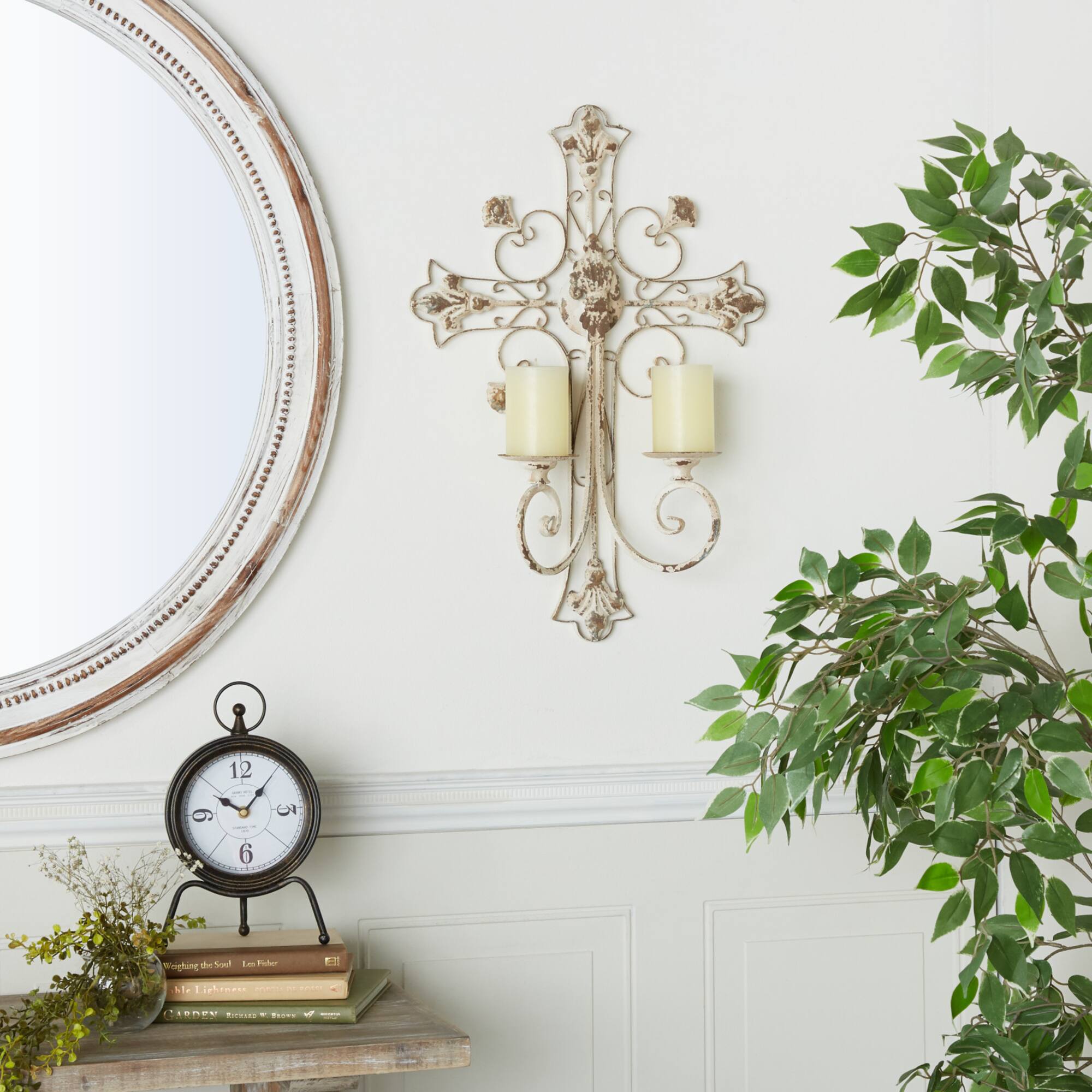 White Iron French Country Wall Sconce, 24" x 17" x 5"